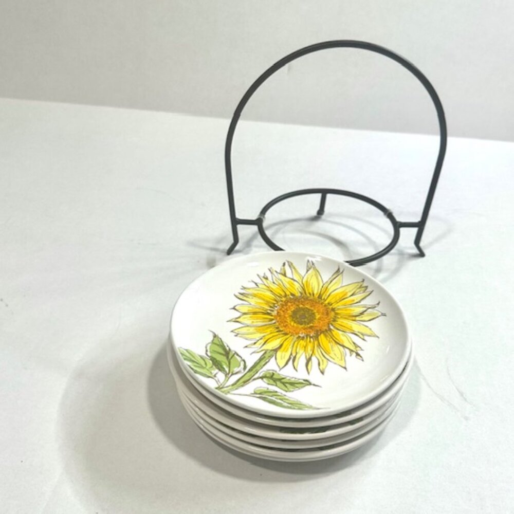 Signature Hoursewares Stoneware Plate Set of 6 W/ Metal Caddy Sunflower Design - Picture 12 of 14